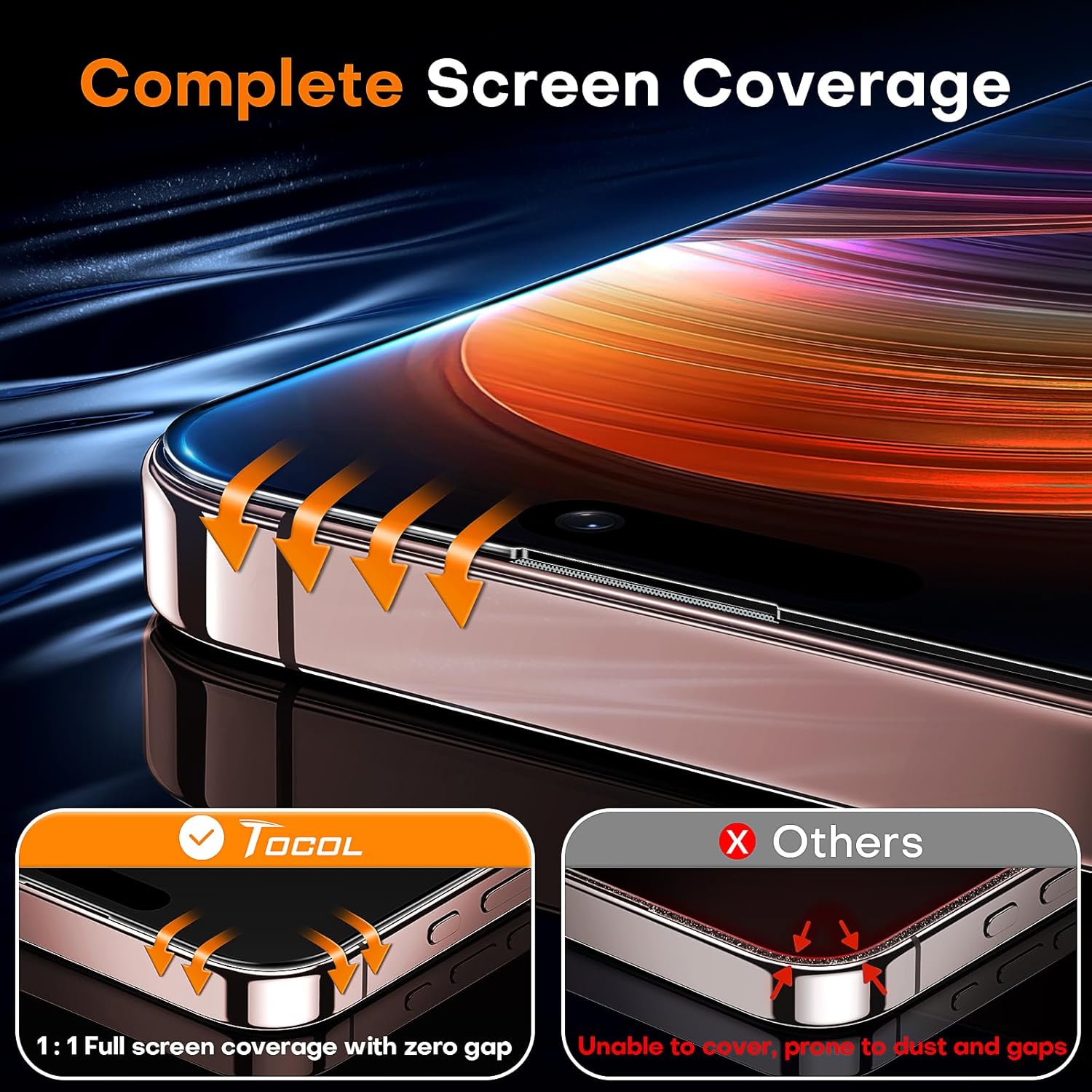 TOCOL for iPhone 16 Pro Max Screen Protector, 9H Hardness Military Grade Shatterproof HD Tempered Glass Full Coverage Easy Installation Case Friendly 2 Pack